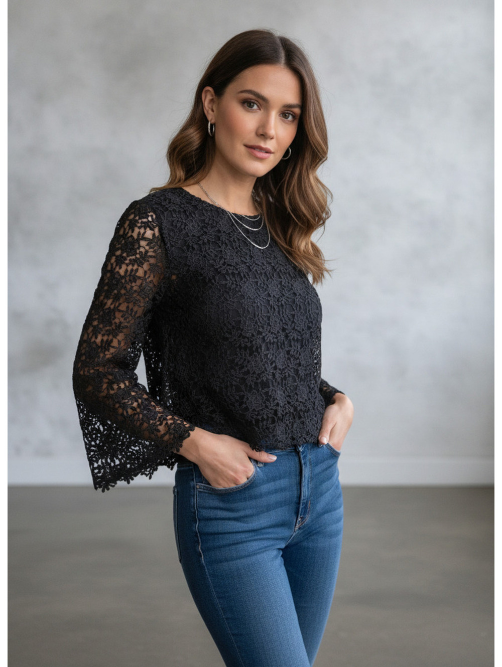 Adiva Black Floral Lace Blouse XL Sheer Long Sleeve Romantic Goth Elegant